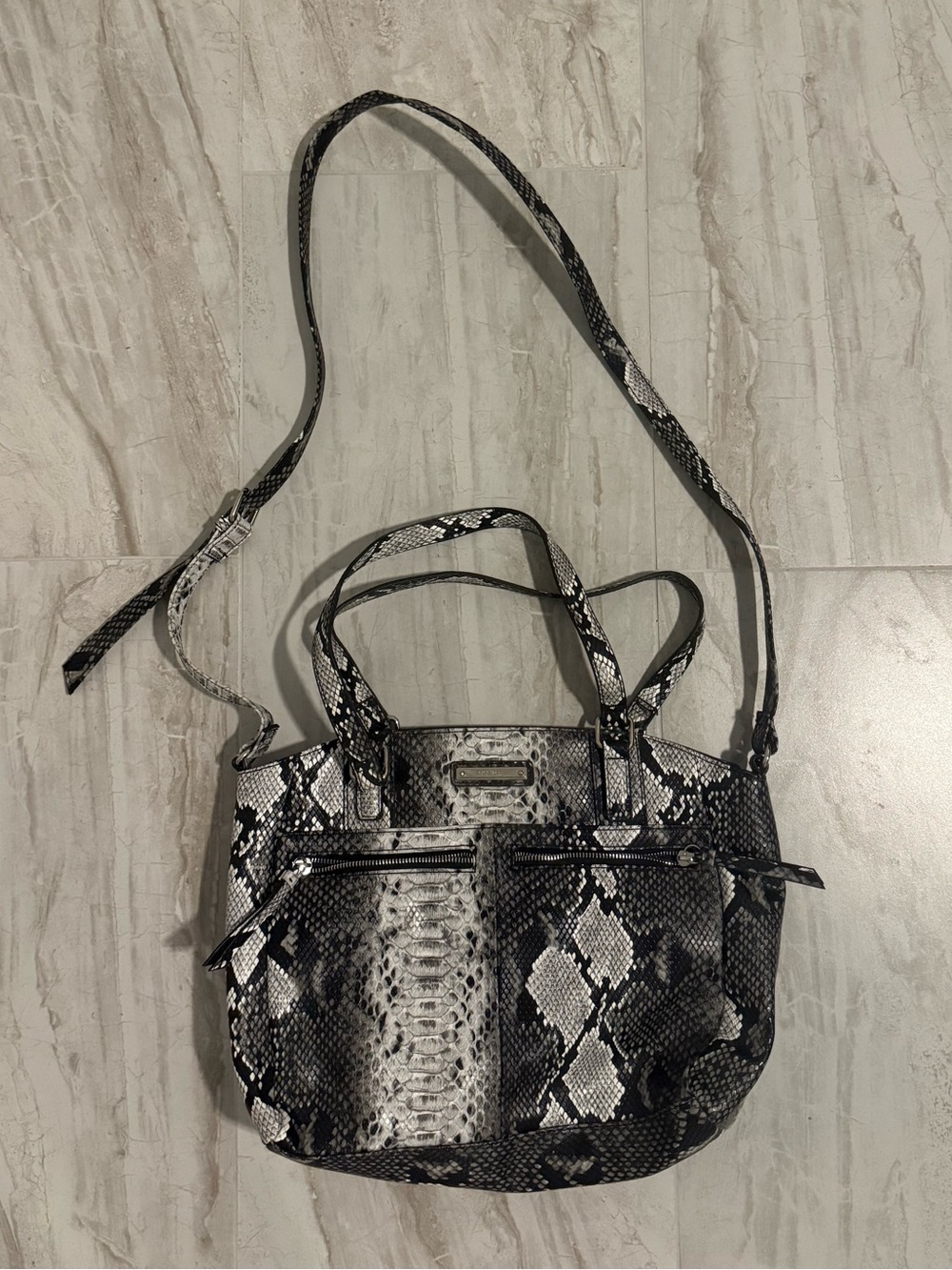 Nine West Snakeskin Python Print Convertible Tote Shoulder Bag Purse Black White